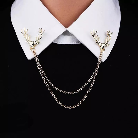 Retro Double Chain Deer Head Collar Lapel Pin - Picture 2 of 16